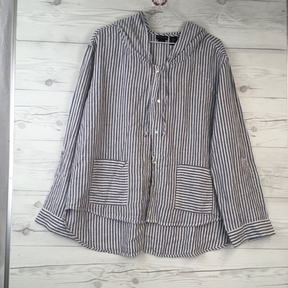 Tahari Sz L Hooded Denim Blue White Beachy 100% Linen Jacket Sweatshirt Top